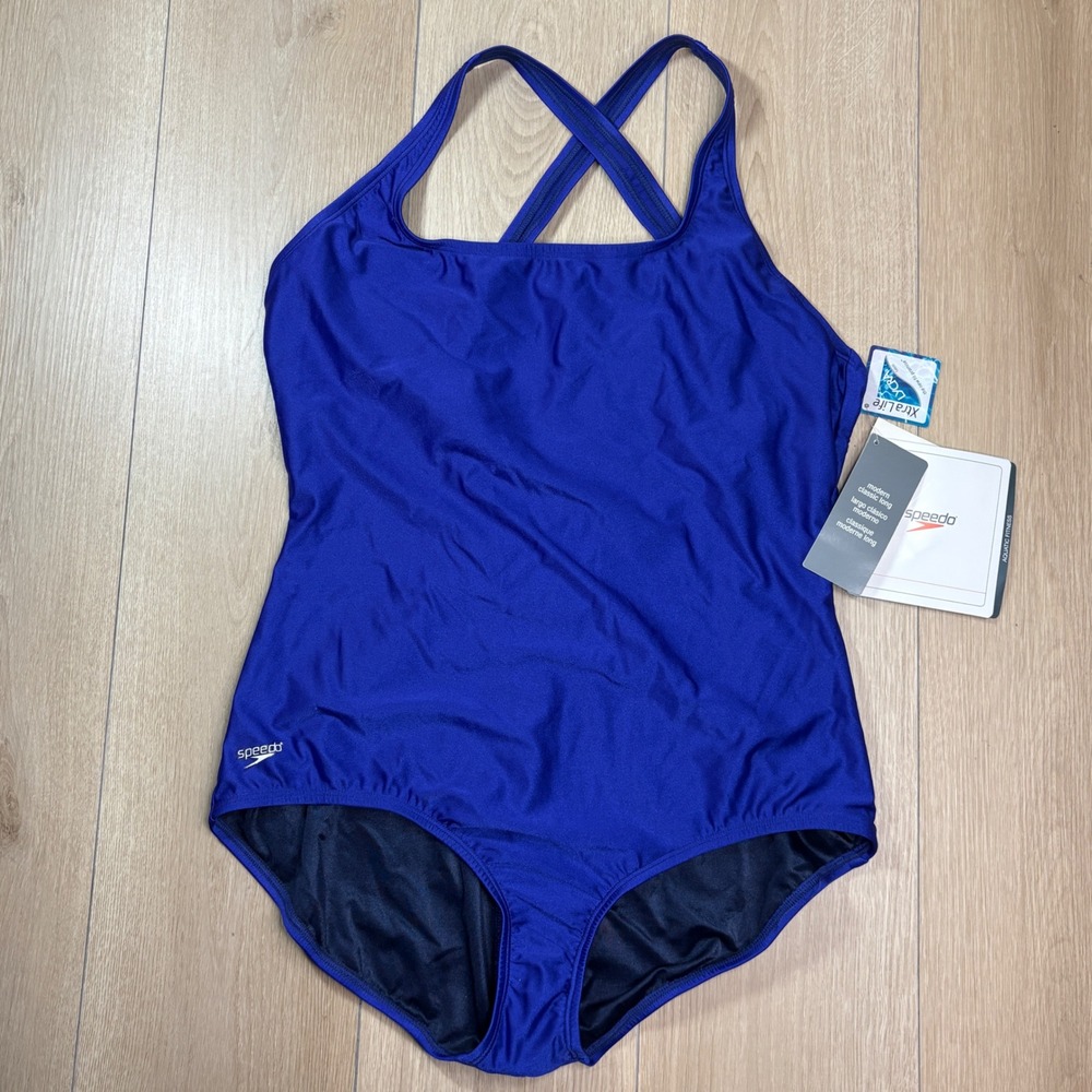 Speedo Aquatic One Piece Swimsuit Blue Modern Long Crossback Lycra Size 18 NWT